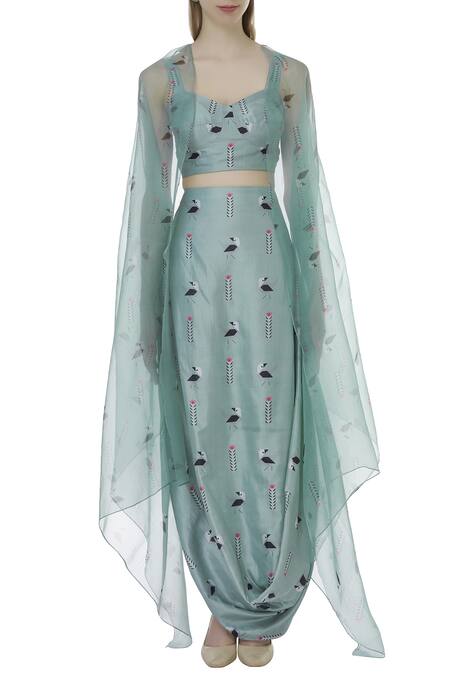 Shop_Sva By Sonam & Paras Modi_Blue Organza Printed Draped Skirt And Cape Set_Online_at_Aza_Fashions