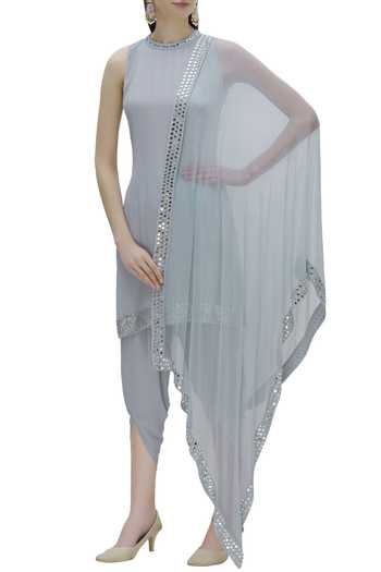 Vandana Sethi_Grey Georgette Embellished Kurta Dhoti Pant Set_Online_at_Aza_Fashions