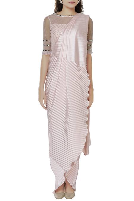 Buy_Samyukta Singhania_Pink Satin Pre-draped Saree Set_Online_at_Aza_Fashions