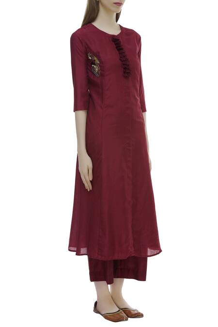 MathilI'S_Wine Moonga Silk Straight Kurta Set_Online_at_Aza_Fashions