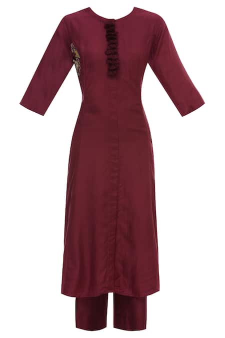 Buy_MathilI'S_Wine Moonga Silk Straight Kurta Set_Online_at_Aza_Fashions