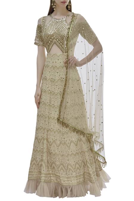 Neha Mehta Couture Beige Georgette Embroidered Anarkali With Dupatta