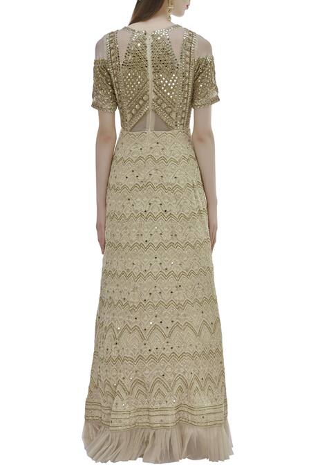 Shop_Neha Mehta Couture_Beige Georgette Embroidered Anarkali With Dupatta_at_Aza_Fashions