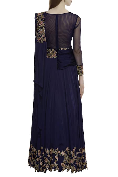 Shop Neha Mehta Couture Blue Pure Satin Georgette V Neck Embroidered Gown at Aza Fashions Shop_Neha Mehta Couture_Blue Pure Satin Georgette V Neck Embroidered Gown _at_Aza_Fashions