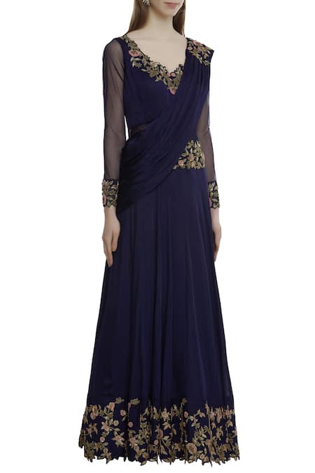 Neha Mehta Couture Blue Pure Satin Georgette V Neck Embroidered Gown Online at Aza Fashions Neha Mehta Couture_Blue Pure Satin Georgette V Neck Embroidered Gown _Online_at_Aza_Fashions