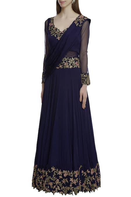 Buy Neha Mehta Couture Blue Pure Satin Georgette V Neck Embroidered Gown Online at Aza Fashions Buy_Neha Mehta Couture_Blue Pure Satin Georgette V Neck Embroidered Gown _Online_at_Aza_Fashions