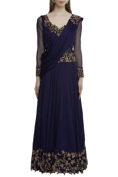 Shop Neha Mehta Couture Blue Pure Satin Georgette V Neck Embroidered Gown Online at Aza Fashions Shop_Neha Mehta Couture_Blue Pure Satin Georgette V Neck Embroidered Gown _Online_at_Aza_Fashions