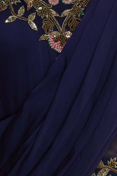 Neha Mehta Couture Blue Pure Satin Georgette V Neck Embroidered Gown at Aza Fashions Neha Mehta Couture_Blue Pure Satin Georgette V Neck Embroidered Gown _at_Aza_Fashions