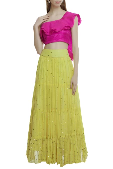 Neha Mehta Couture Yellow Organza, Georgette Asymmetric Embroidered Lehenga Set 