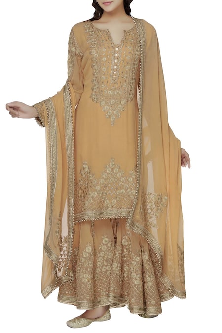 Rahul Singh Beige Georgette Split Neck Embroidered Kurta Set 