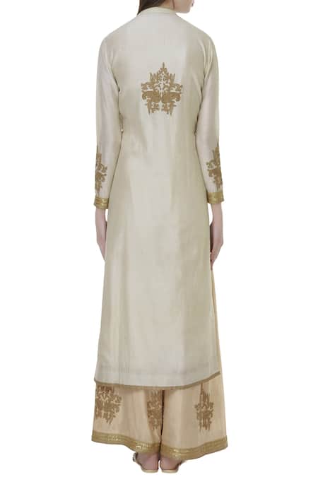 Shop_Rahul Singh_Cream Chanderi Silk Notched Embroidered Kurta Set _at_Aza_Fashions