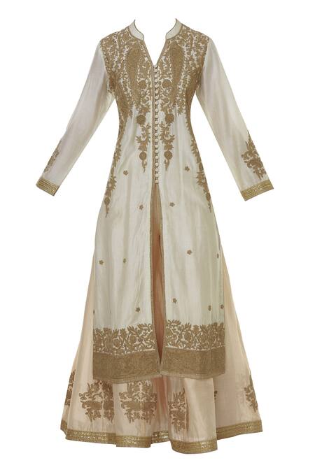 Buy_Rahul Singh_Cream Chanderi Silk Notched Embroidered Kurta Set _Online_at_Aza_Fashions