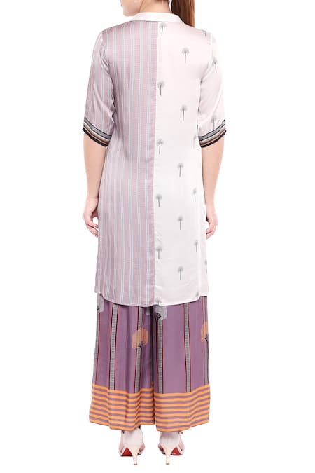 Shop So Us By Sougatpaul Off White Modal Satin Stand Fall Collar Printed Kurta Palazzo Set at Aza Fashions Shop_So Us By Sougatpaul_Off White Modal Satin Stand Fall Collar Printed Kurta Palazzo Set _at_Aza_Fashions
