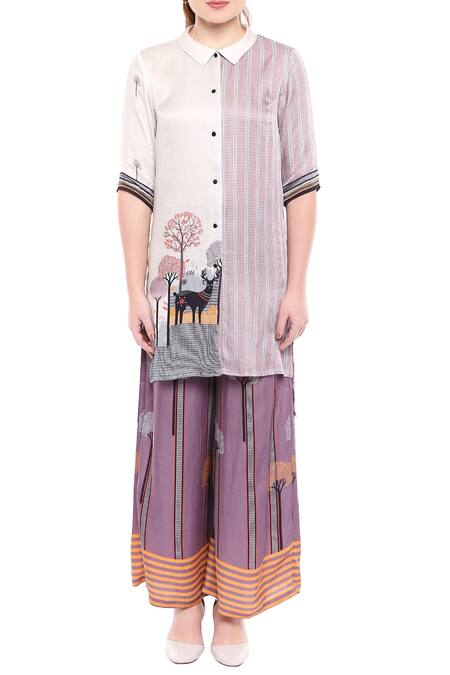 Buy So Us By Sougatpaul Off White Modal Satin Stand Fall Collar Printed Kurta Palazzo Set Online at Aza Fashions Buy_So Us By Sougatpaul_Off White Modal Satin Stand Fall Collar Printed Kurta Palazzo Set _Online_at_Aza_Fashions