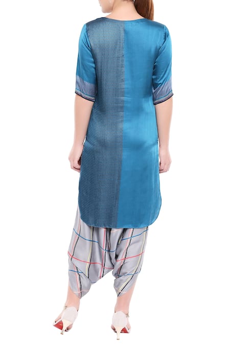 Shop So Us By Sougatpaul Blue Modal Satin Round Printed Kurta Dhoti Pant Set at Aza Fashions Shop_So Us By Sougatpaul_Blue Modal Satin Round Printed Kurta Dhoti Pant Set _at_Aza_Fashions