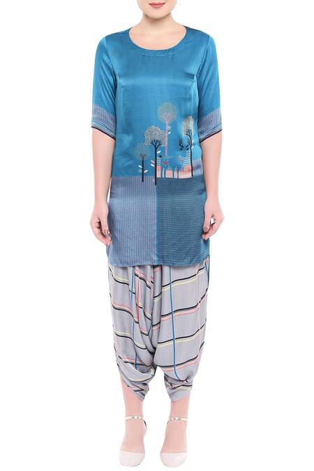 So Us By Sougatpaul Blue Modal Satin Round Printed Kurta Dhoti Pant Set Online at Aza Fashions So Us By Sougatpaul_Blue Modal Satin Round Printed Kurta Dhoti Pant Set _Online_at_Aza_Fashions