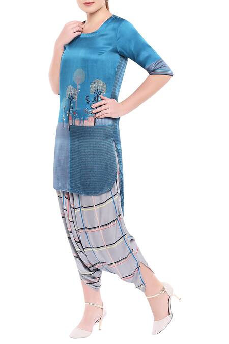 Buy So Us By Sougatpaul Blue Modal Satin Round Printed Kurta Dhoti Pant Set Online at Aza Fashions Buy_So Us By Sougatpaul_Blue Modal Satin Round Printed Kurta Dhoti Pant Set _Online_at_Aza_Fashions