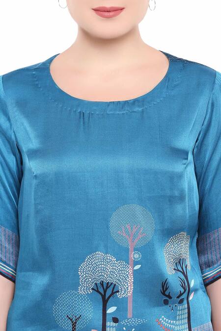 Shop So Us By Sougatpaul Blue Modal Satin Round Printed Kurta Dhoti Pant Set Online at Aza Fashions Shop_So Us By Sougatpaul_Blue Modal Satin Round Printed Kurta Dhoti Pant Set _Online_at_Aza_Fashions