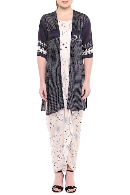 So Us By Sougatpaul White Modal Satin Round Draped Dress With Jacket Online at Aza Fashions So Us By Sougatpaul_White Modal Satin Round Draped Dress With Jacket _Online_at_Aza_Fashions