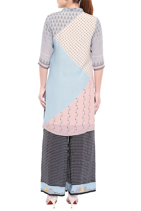 Shop So Us By Sougatpaul Multi Color Crepe Stand Collar Printed Kurta Palazzo Set at Aza Fashions Shop_So Us By Sougatpaul_Multi Color Crepe Stand Collar Printed Kurta Palazzo Set _at_Aza_Fashions