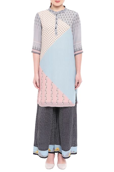 So Us By Sougatpaul Multi Color Crepe Stand Collar Printed Kurta Palazzo Set Online at Aza Fashions So Us By Sougatpaul_Multi Color Crepe Stand Collar Printed Kurta Palazzo Set _Online_at_Aza_Fashions