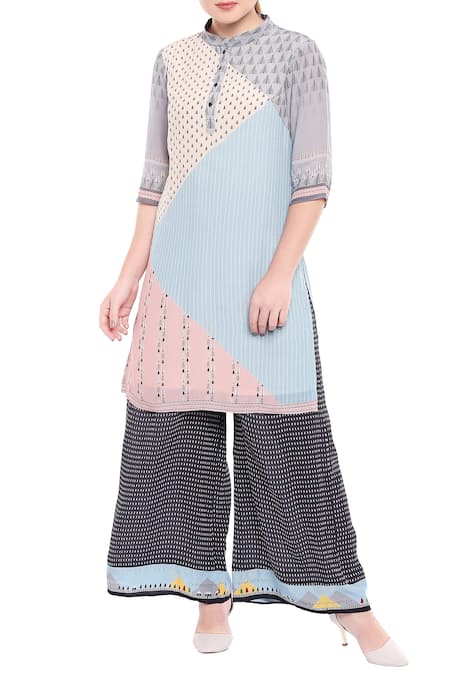 Buy So Us By Sougatpaul Multi Color Crepe Stand Collar Printed Kurta Palazzo Set Online at Aza Fashions Buy_So Us By Sougatpaul_Multi Color Crepe Stand Collar Printed Kurta Palazzo Set _Online_at_Aza_Fashions