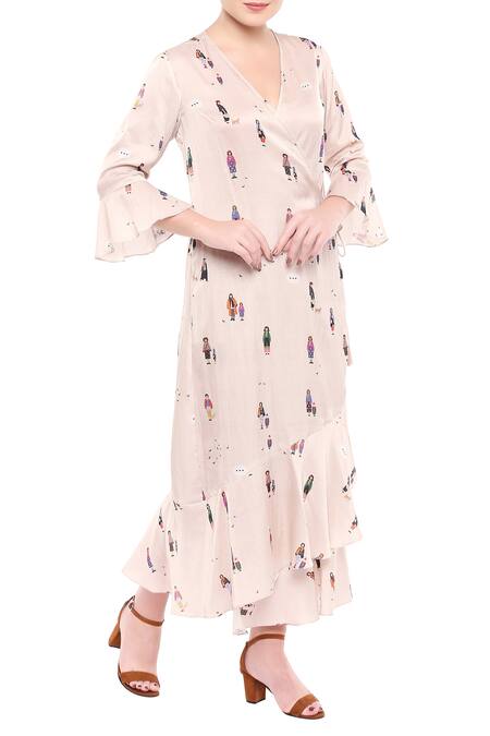 So Us By Sougatpaul Off White Satin V Neck Overlap Printed Dress Online at Aza Fashions So Us By Sougatpaul_Off White Satin V Neck Overlap Printed Dress _Online_at_Aza_Fashions