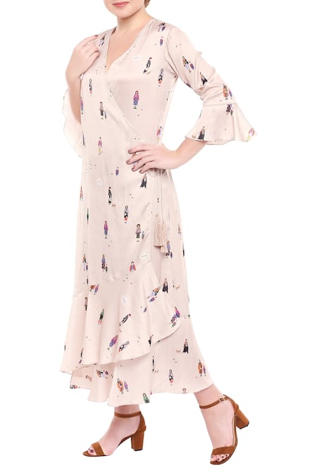 Buy So Us By Sougatpaul Off White Satin V Neck Overlap Printed Dress Online at Aza Fashions Buy_So Us By Sougatpaul_Off White Satin V Neck Overlap Printed Dress _Online_at_Aza_Fashions
