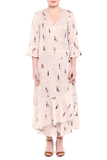 Shop So Us By Sougatpaul Off White Satin V Neck Overlap Printed Dress Online at Aza Fashions Shop_So Us By Sougatpaul_Off White Satin V Neck Overlap Printed Dress _Online_at_Aza_Fashions