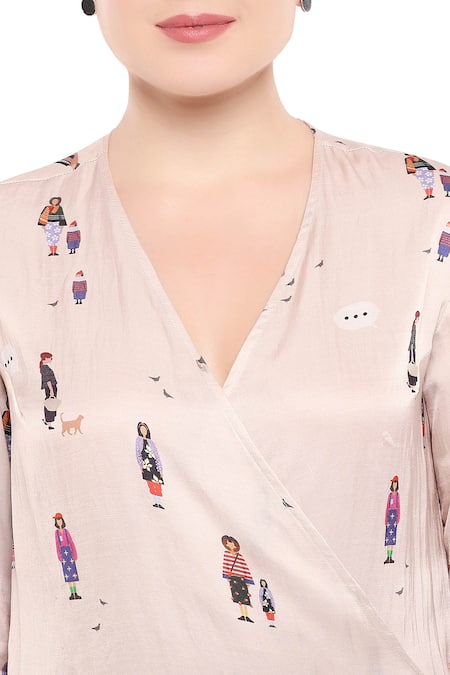 So Us By Sougatpaul Off White Satin V Neck Overlap Printed Dress at Aza Fashions So Us By Sougatpaul_Off White Satin V Neck Overlap Printed Dress _at_Aza_Fashions