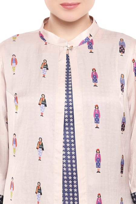 So Us By Sougatpaul Off White Satin Dress Roundjacket Stand Collar Printed With Jacket at Aza Fashions So Us By Sougatpaul_Off White Satin Dress Roundjacket Stand Collar Printed With Jacket _at_Aza_Fashions