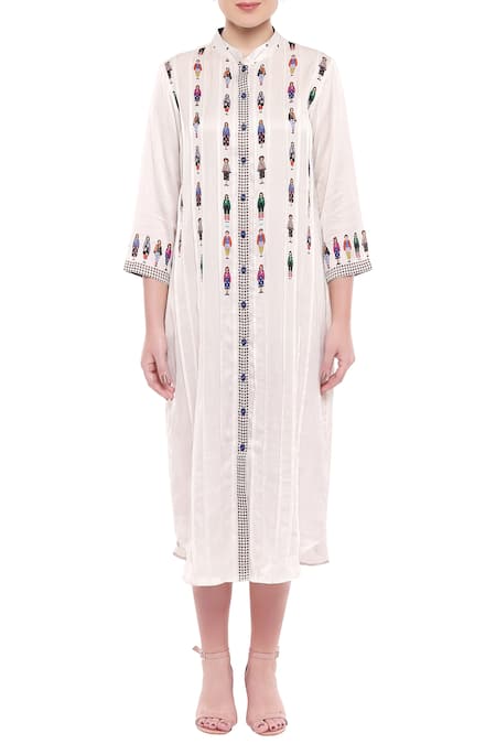 So Us By Sougatpaul Off White Satin Stand Collar Printed Midi Dress Online at Aza Fashions So Us By Sougatpaul_Off White Satin Stand Collar Printed Midi Dress _Online_at_Aza_Fashions