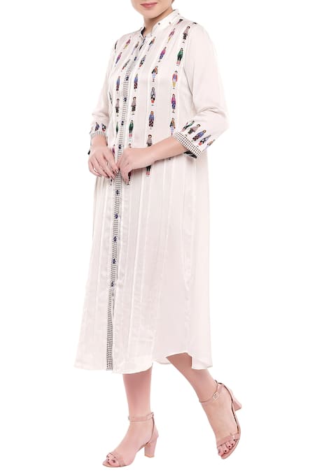 Buy So Us By Sougatpaul Off White Satin Stand Collar Printed Midi Dress Online at Aza Fashions Buy_So Us By Sougatpaul_Off White Satin Stand Collar Printed Midi Dress _Online_at_Aza_Fashions