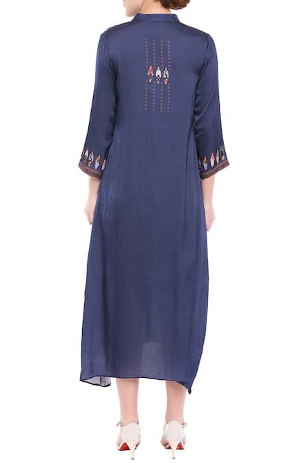 Shop So Us By Sougatpaul Blue Satin Stand Collar Printed Midi Dress at Aza Fashions Shop_So Us By Sougatpaul_Blue Satin Stand Collar Printed Midi Dress _at_Aza_Fashions