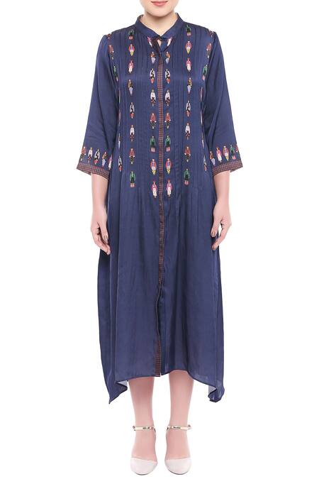 So Us By Sougatpaul Blue Satin Stand Collar Printed Midi Dress Online at Aza Fashions So Us By Sougatpaul_Blue Satin Stand Collar Printed Midi Dress _Online_at_Aza_Fashions