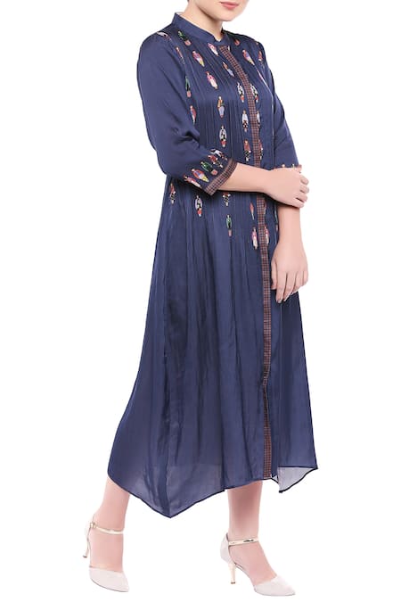 Buy So Us By Sougatpaul Blue Satin Stand Collar Printed Midi Dress Online at Aza Fashions Buy_So Us By Sougatpaul_Blue Satin Stand Collar Printed Midi Dress _Online_at_Aza_Fashions