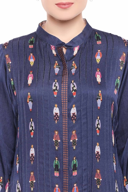 Shop So Us By Sougatpaul Blue Satin Stand Collar Printed Midi Dress Online at Aza Fashions Shop_So Us By Sougatpaul_Blue Satin Stand Collar Printed Midi Dress _Online_at_Aza_Fashions