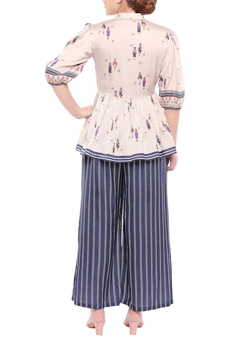 Shop So Us By Sougatpaul Blue Satin Stand Collar Printed Pant Set at Aza Fashions Shop_So Us By Sougatpaul_Blue Satin Stand Collar Printed Pant Set _at_Aza_Fashions