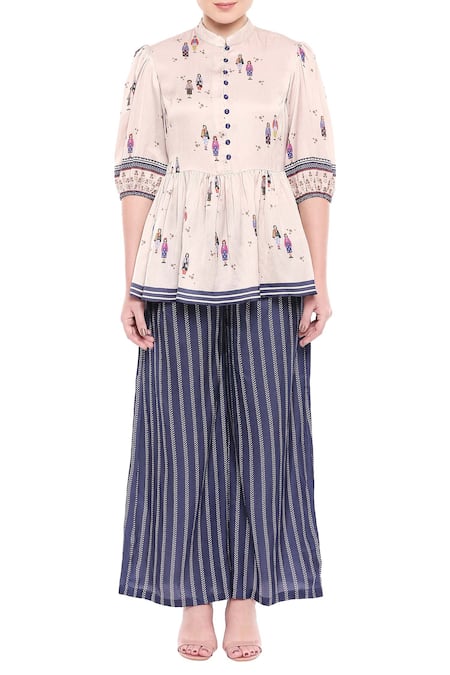So Us By Sougatpaul Blue Satin Stand Collar Printed Pant Set Online at Aza Fashions So Us By Sougatpaul_Blue Satin Stand Collar Printed Pant Set _Online_at_Aza_Fashions