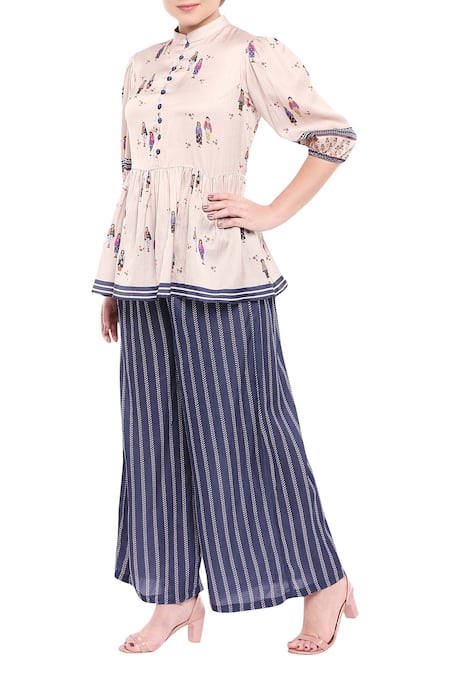 Buy So Us By Sougatpaul Blue Satin Stand Collar Printed Pant Set Online at Aza Fashions Buy_So Us By Sougatpaul_Blue Satin Stand Collar Printed Pant Set _Online_at_Aza_Fashions