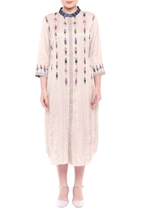 So Us By Sougatpaul Off White Satin Stand Collar Printed Midi Dress Online at Aza Fashions So Us By Sougatpaul_Off White Satin Stand Collar Printed Midi Dress _Online_at_Aza_Fashions