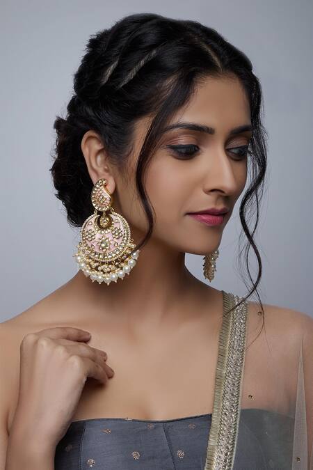 Shop Just Shradhas Gold Plated Polki Stones Chandbalis at Aza Fashions Shop_Just Shradhas_Gold Plated Polki Stones Chandbalis_at_Aza_Fashions