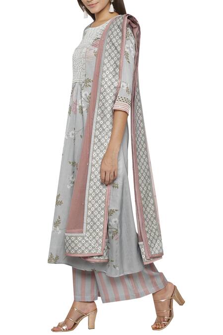 Soup By Sougat Paul_Blue Cotton Satin Round Neck Printed Kurta Set _Online_at_Aza_Fashions