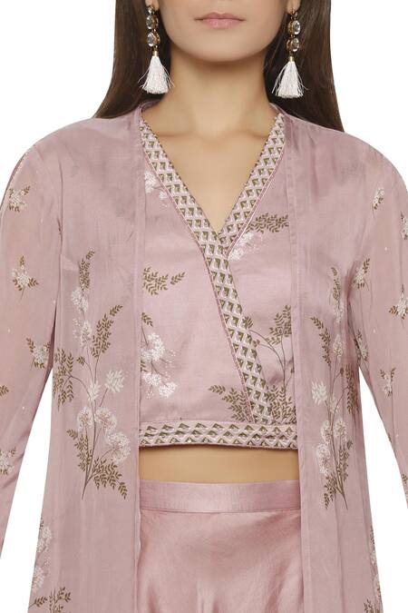 Buy_Soup By Sougat Paul_Pink Crop Top V Neckline Printed Jacket And Dhoti Pant Set _Online_at_Aza_Fashions