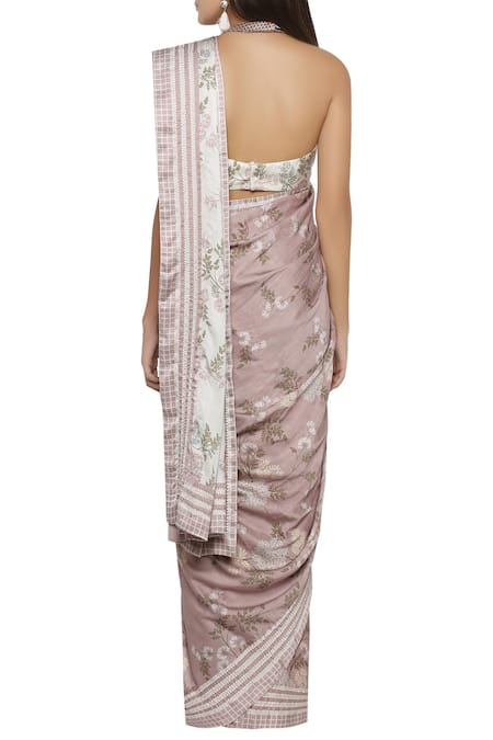 Shop_Soup by Sougat Paul_Pink Cotton Satin Blouse Halter Neckline Printed Saree With _at_Aza_Fashions