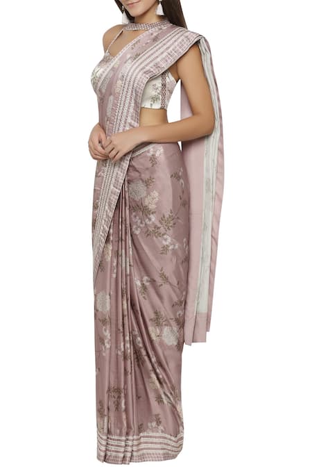 Soup by Sougat Paul_Pink Cotton Satin Blouse Halter Neckline Printed Saree With _Online_at_Aza_Fashions