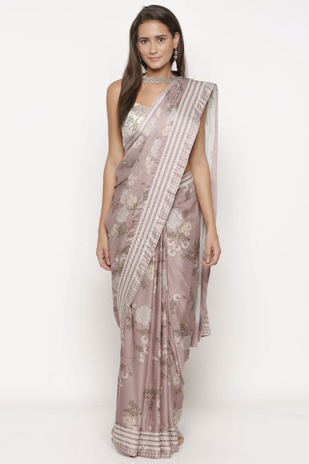 Buy_Soup by Sougat Paul_Pink Cotton Satin Blouse Halter Neckline Printed Saree With _Online_at_Aza_Fashions