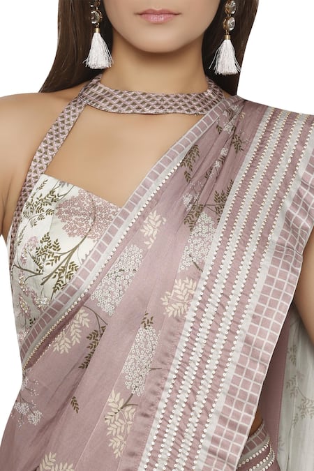 Shop_Soup by Sougat Paul_Pink Cotton Satin Blouse Halter Neckline Printed Saree With _Online_at_Aza_Fashions