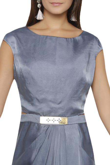 Buy_Soup By Sougat Paul_Blue Cotton Satin, Flat Chiffon Cape Band Collardress Round Draped Dress With _Online_at_Aza_Fashions