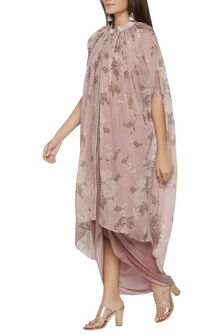 Soup By Sougat Paul_Pink Cotton Satin, Flat Chiffon Cape Band Collardress Round Draped Dress With _Online_at_Aza_Fashions